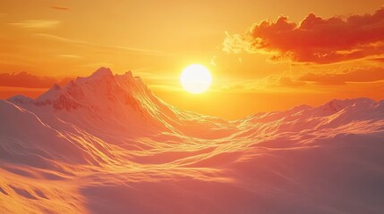 A close-up of the sun setting behind a mountain range, casting warm orange light across the snow-covered peaks. The sunâ€™s last rays create a breathtaking glow over the mountai