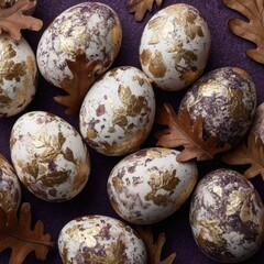 Decorated eggs, autumnal design, on purple background