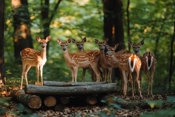 Group of young white-tailed deer fawns standing in forest