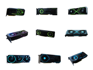 Nine Black Graphics Cards with R G B Lighting Variations Isolated on Transparent Background