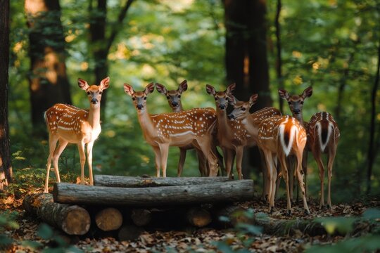 Group of young white-tailed deer fawns standing in forest - Powered by Adobe