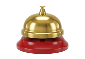 A shiny golden service bell with a red base isolated on a transparent background