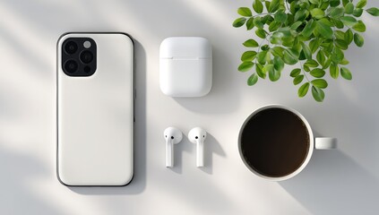 White smartphone, earbuds, and coffee cup on a light surface