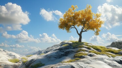 Solitary golden tree atop a rocky mountain peak under a vibrant blue sky.