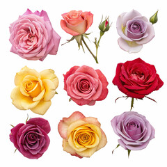 Fototapeta premium Vibrant Rose Collection CloseUp Photos of Various Rose Types and Colors Isolated On Transparent Background