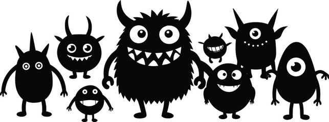 Vector art of a group of diverse, cute cartoon monsters with big eyes and smiles isolated on transparent background.