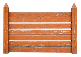 A weathered orange wooden fence with peeling paint, isolated on a transparent background