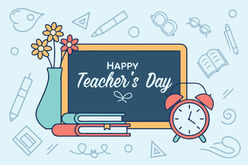 Happy Teachers Day with Blackboard Books Flowers and an Alarm Clock