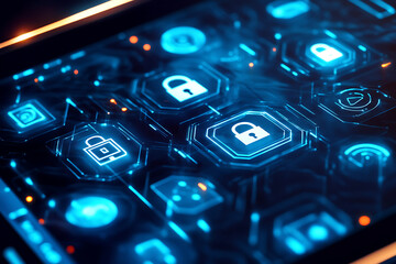 Digital security network with glowing padlocks and data streams