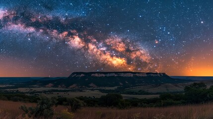 Dark mountain under a dazzling Milky Way, horizon glows in the distant night sky