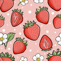 Seamless strawberry pattern with flowers on pink background. Hand-drawn vector style. For fabric, packaging, wallpaper, and wrapping paper.