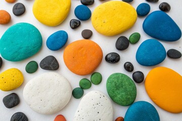 A vibrant collection of smooth, colorful pebbles in yellow, blue, green, orange, and black are scattered across a white background