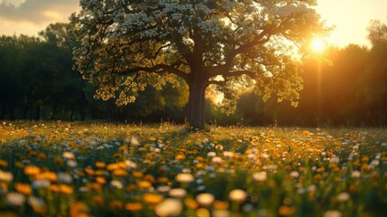 Blossoming tree in a wildflower meadow, sun shining through, with trees in background