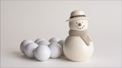 Minimalist snowman crafted with artistic flair alongside golf balls in a serene winter setting. Christmas and New Year. Winter Wonderland