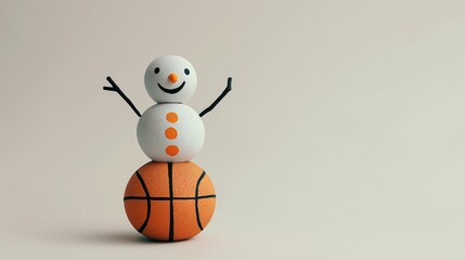 Creative snowman crafted from textured materials balances playfully on a basketball during a wintery afternoon. Christmas and New Year. Winter Wonderland