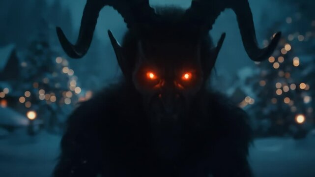Eerie Animated Krampus Emerging From Shadows In Snowy Village