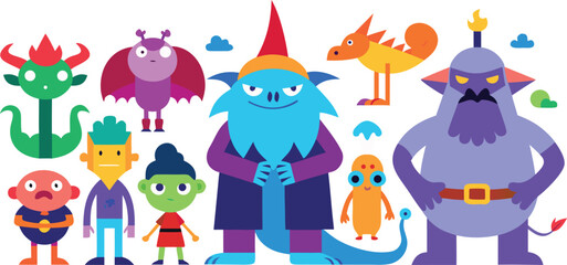 Vector art of a collection of colorful and whimsical monsters and creatures gathered together isolated on transparent background.