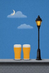 Inviting whimsical beer garden nightscape under a crescent moon with glowing lanterns and refreshing drinks. National Beer Lovers Day