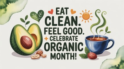 Celebrate organic month with joy and wellness through vibrant, healthy choices in a beautiful postcard illustration. National Organic Month