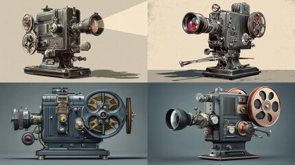 Naklejka premium Vintage movie cameras showcased in detailed side views with mechanical elements