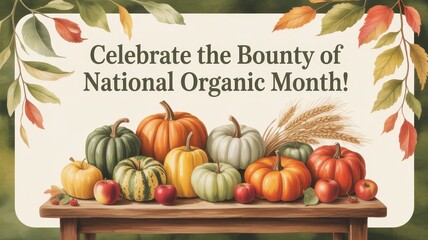 Rustic autumn greeting card to celebrate the joyful harvest of National Organic Month in a whimsical and charming style. National Organic Month