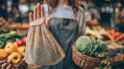 Eco-Friendly Market Choices: A woman at a vibrant farmer's market proudly showcases a reusable bag, promoting sustainable living and conscious consumerism amidst a colorful array of fresh produce.