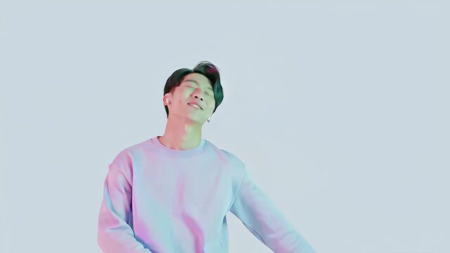 Joyful Asian man in pink and blue light, dancing and listening to music in earbuds - Powered by Adobe