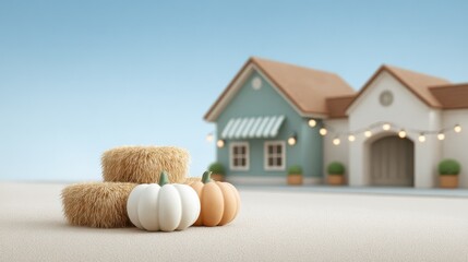 Charming festive landscape showcasing a cozy organic market adorned with autumn pumpkins and hay bales. National Organic Month