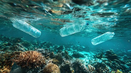 Underwater Pollution: A poignant image reveals the devastating impact of pollution with plastic bottles floating ominously in clear turquoise waters.