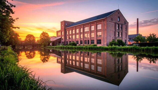 Historic factory reflected in canal at sunrise