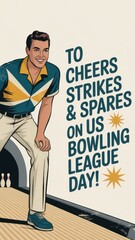 Celebrate strikes and spares during the joyful bowling league day with this nostalgic retro card. US Bowling League Day