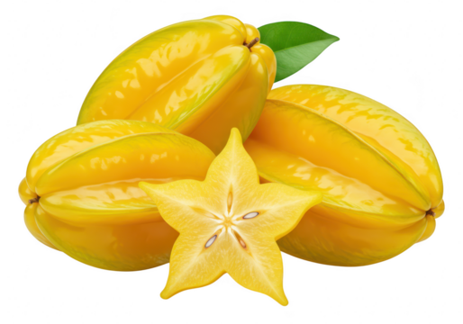 A cluster of ripe yellow star fruits, with one sliced to reveal its star shape, isolated on white isolated on transparent background