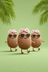 Whimsical coconut characters dance joyfully in a colorful parade under palm leaves. World Coconut Day