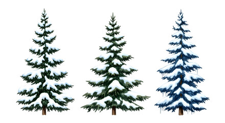 Three snow covered pine trees isolated on transparent background