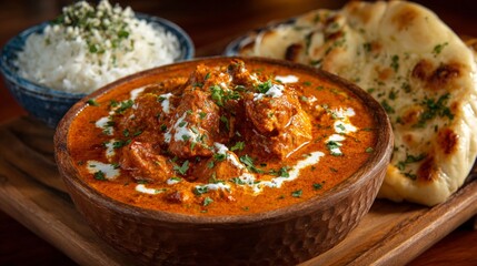 Delicious butter chicken with naan and rice in authentic indian cuisine setting.