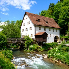 Fototapeta premium Historic mill by a river