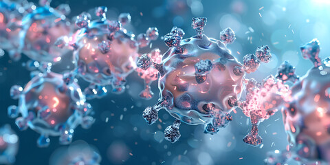 3D Virus Structure – Microscopic Pathogen Visualization | Viral Particles in Motion – Scientific Illustration | Viruses are microscopic pathogens that replicate only inside living cells.
