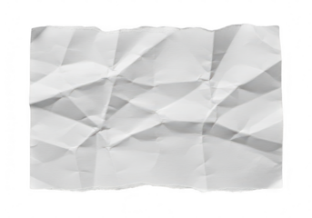 A crumpled sheet of white paper with many folds and creases, isolated on a transparent background