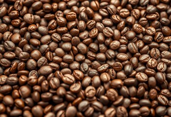 Fototapeta premium Rich brown coffee beans fill the frame, close-up texture, showing detail, glossy, harvest