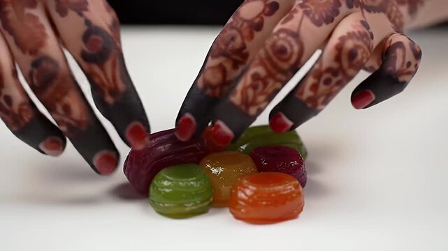 Henna Tattooed Hands Presenting Colorful Lollipops on White Surface High Angle