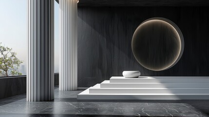 Minimalist interior marble floor, columns, white steps, circular light feature against a dark textured wall