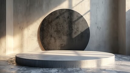 Concrete platform, circle backdrop, bathed in light