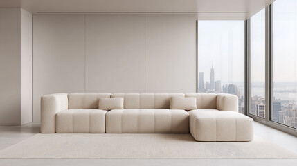 Fototapeta premium Modern beige sofa with cushions bright living room with city view