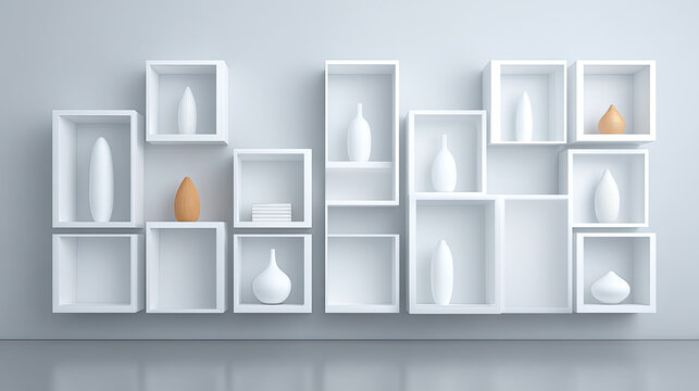 Minimalist wall shelves with decorative vases and books modern room