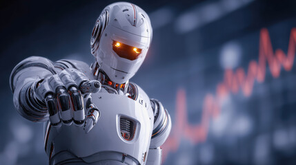 Robotic digital assistant analyzing real time data with glowing eyes, showcasing advanced technology and precision in futuristic environment