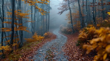 Winding path, vibrant autumn foliage, mist, and trees in a forest scene, with fallen leaves on ground