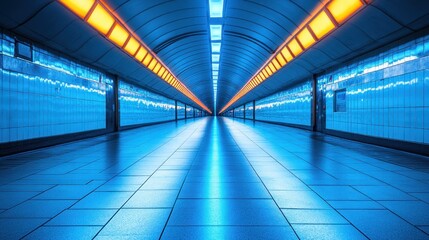 Blue subway tunnel, bright lights, mirrored walls