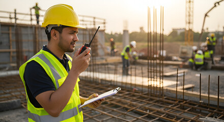 Construction Supervisor Coordinating Operations on a Busy Building Site