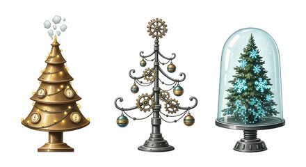 Obraz premium Three decorative christmas trees with unique designs isolated on transparent background