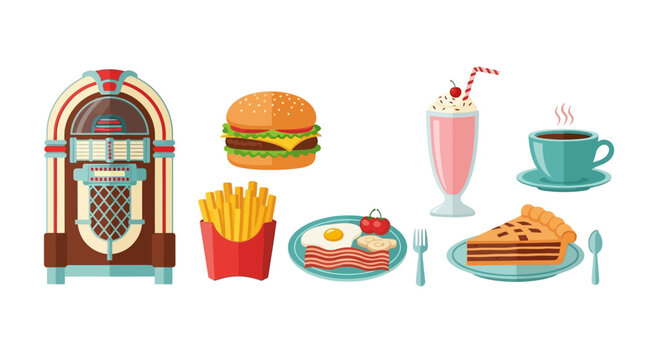 50s Diner Food Retro Meal with Burger, and Jukebox.